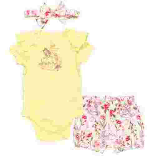 Disney Princess Belle Floral Bodysuit French Terry Bubble Shorts and Headband 3 Piece Outfit Set Newborn to Infant