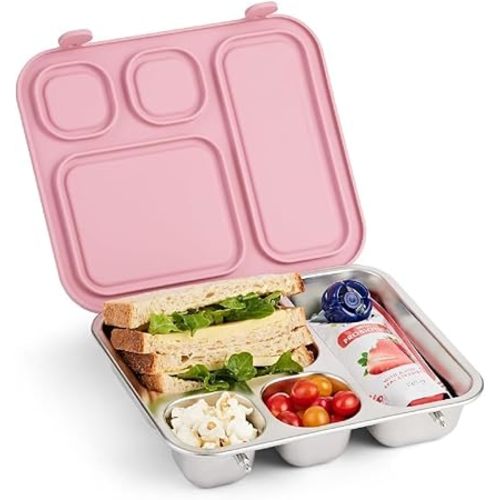 Elk and Friends Kids Stainless Steel Bento Box with Silicone Lid | Leak-proof | Toddler Lunch Container | 4 Compartments | Dishwasher Safe