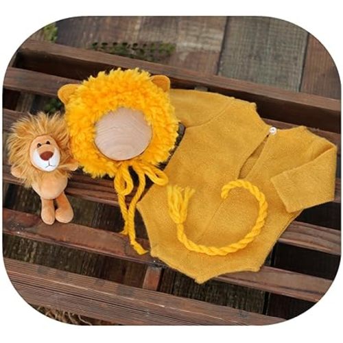 Vemonllas Newborn Photography Props Lion Outfits Boy Girl Knitted Bonnet & Romper with Lion Costumes Infant Baby Photoshoot