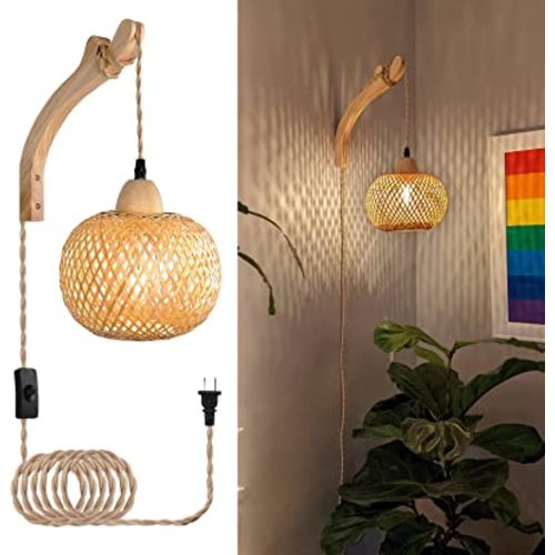 Frideko Bamboo Lantern Plug in Wall Sconces Wicker Wall Lamp with Plug in Cord Hand Woven Rattan Wall Light Farmhouse Rustic Wall Sconces Boho Sconces Wall Lighting for Living Room Bedroom