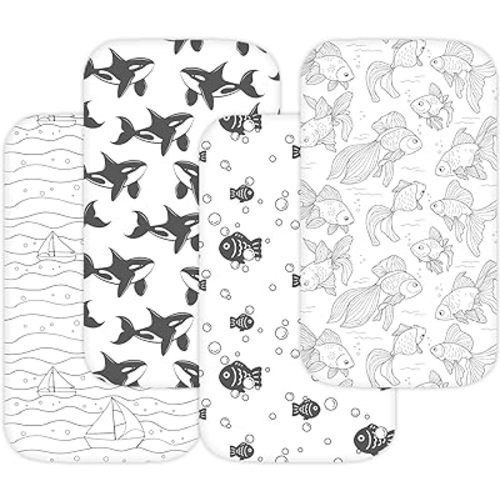 Bassinet Sheets for Ronbei, Baby Joy, Baby Delight Beside Me Dreamer, and Nordmiex Bassinet, 4 Pack, 33x20 Inch, Ultra Soft, Breathable Snug Fit, Unisex Boys Girls, Gray White (Ocean Fish Theme)