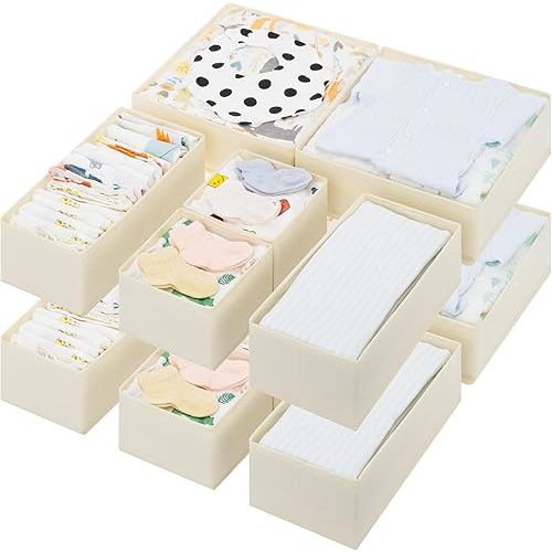 GRANNY SAYS Drawer Organizer Clothes, 12 Pack Dresser Organizer Bins for Nursery, Closet Organization and Storage Dividers for Clothing, Baby Clothes, Underwears, Beige