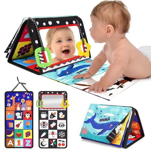 URMYWO Tummy Time Toy - Black and White High Contrast Baby Toys for Newborn - Baby Visual Stimulation Mirror - Montessori Sensory Crinkle Toy for Infant 0-3-6-12 Months - Shower Gift for Boy Girl