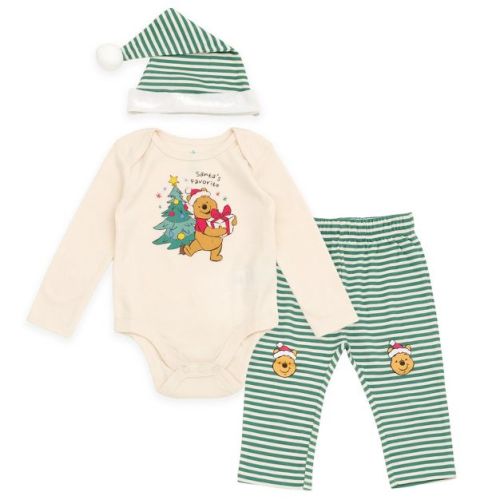 Disney Winnie the Pooh Christmas Newborn Baby Boys Bodysuit, Pants and Velour Hat 3 Piece Outfit Set Cream Beige / Green 3-6 Months