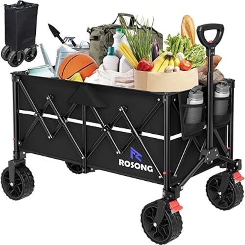 Folding Wagon Cart with Wheels Foldable - Collapsible Wagons Carts Heavy Duty, Fold Up Portable Utility Wagon for Grocery Beach Sports Fishing Camping Shopping Black