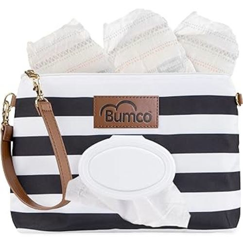 Bumco Diaper Clutch Bag - Portable Wipes Dispenser & Diaper Holder, Airtight Travel Baby Wipes Case, Wipe Dispenser Travel Baby Wipes Dispenser On the Go, Diaper Wristlet (Black Stripes)