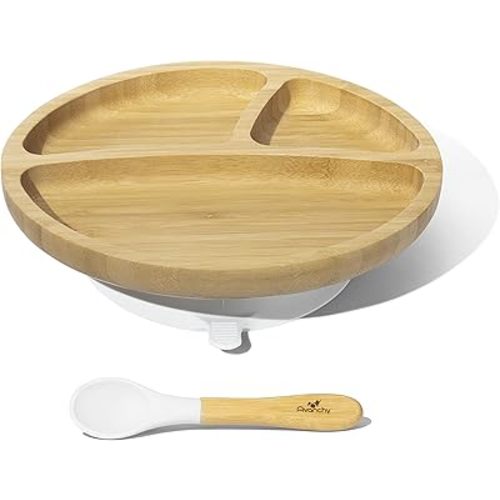 Avanchy Toddler Baby Plates Divided Bamboo, Suction for Babies Kids Toddler Food with Silicone Spoon for Feeding, White