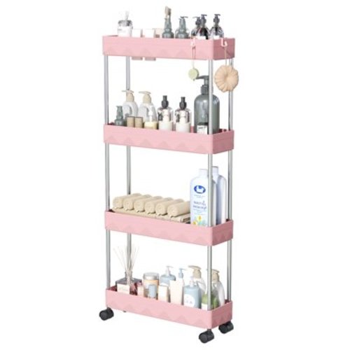 4 Tier Slim Rolling Storage Cart, Slim Cart Bathroom Storage Organizer Rolling Utility/ Mobile Shelving Unit Slide Out Storage Cart for Office, Bathroom, Kitchen, Laundry Room & Narrow Places, Pink