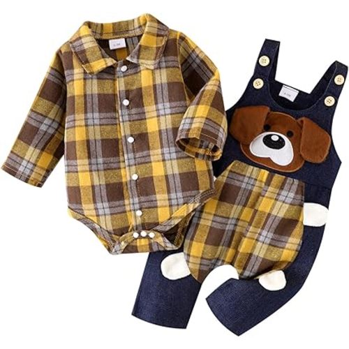 ODASIRA Baby Boy Clothes Infant Outfits Long Sleeve Plaid Bodysuit Romper + Jeans Overalls Jumpsuit Pants Sets