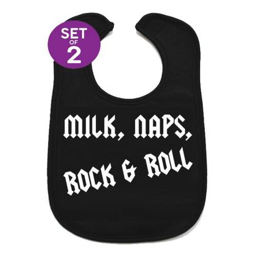 2 x Milk, Naps, Rock n Roll Cool Baby Bibs | Rock Star Baby Bib [Boys Girls | 2 Pack | 0-3 yrs] - Baby Shower, New Baby or 1st Birthday Gift
