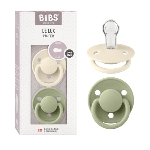 BIBS Pacifiers - De Lux Collection | BPA-Free Baby Pacifier | Made in Denmark | Set of 2 Ivory/Sage Color Premium Soothers | Size One Size