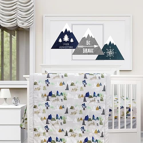TANOFAR 4 Piece Crib Bedding Set for Boy Baby Nursery Crib Bedding Set Mountain Crib Sheet, Quilt, Crib Skirt and Diaper Stacke Crib Comforter Set for Boys