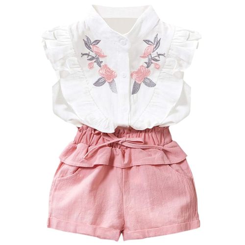 oklady Toddler Girl Clothes Ruffle Floral Embroidery Shirt and Shorts Set