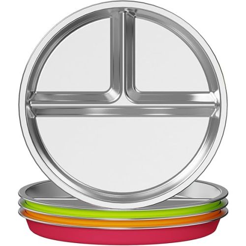 Jayour Kids Stainless Steel Plates with Anti-Slip Silicone Sleeves | Dishwasher Safe | Premium Divided Plates for Hassle-Free Eating | Perfect for Toddlers & Kids of All Ages - Set of 4 Plates