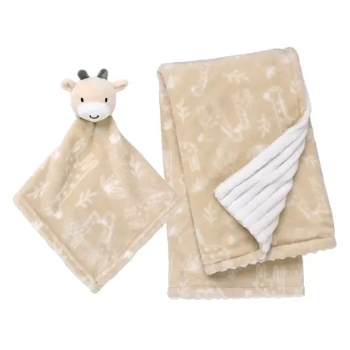 2-Piece Cuddle Plush Toy and Baby Blanket Gift Set, Giraffe with Animal Print and Ribbed Texture, Reversible (Tan Beige, 30 inch x 34 inch)