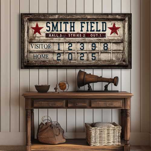 Personalized Vintage Baseball Scoreboard Sign: Custom Rustic Sports Decor for Game Room Retro Baseball Field Sign