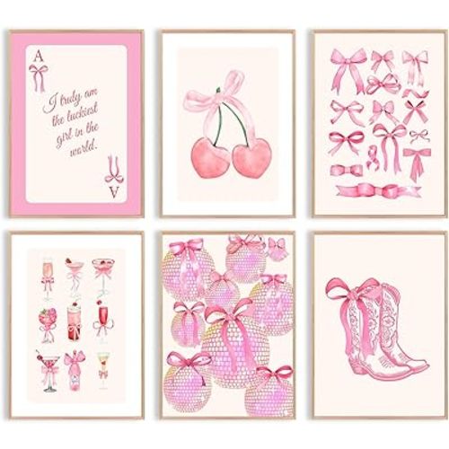 Uniro Coquette Room Decor Pink, Trendy Bows Wall Art Posters for Girls Dorm Bedroom Decor, Cute Coquette Posters, Coquette Wall Decor, Preppy Room Decor Aesthetic, Girly Wall Art Prints Ball Cherry Bow Room Decor for Apartment Decor- 8x10Inch|UNFRAMED