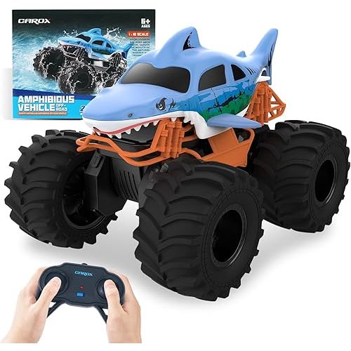 Megalodon Amphibious Remote Control Monster Truck for Boys and Girls, 1500mAh Rechargeable Battery, 1:18 Scale, 2.4 GHz, Kids Toys for Ages 5 and Up
