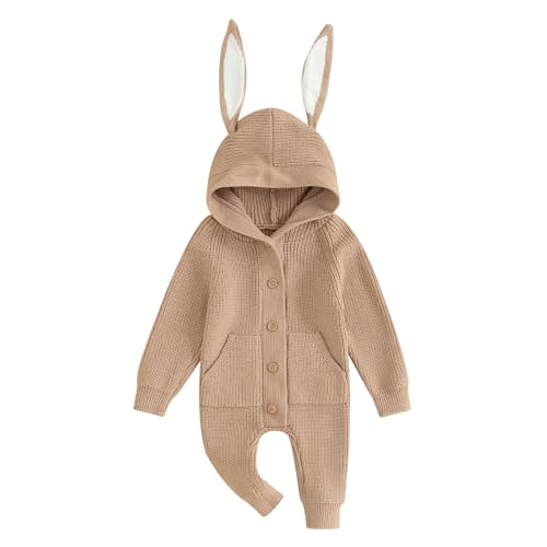 Ynibbim Winter Newborn Baby Boy Girl Solid Romper Unisex Infants Hooded Outfit Clothes Waffle Cotton Button Jumpsuits