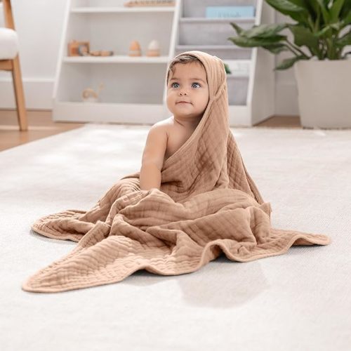Comfy Cubs Hooded Baby Towel 2-Pack, Large 32 x 32 Inch - 6 Layer 100% Muslin Cotton for Babies, Toddlers, Kids - Soft & Absorbent Baby Bath Towels - Unisex Design for Bath Time, Cedar and Sand