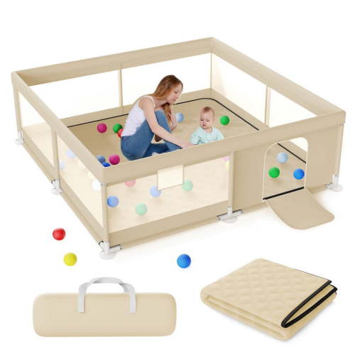 TEAYINGDE Baby Playpen Large Play Yard Fence With Mat for Toddlers, 50"x50" Khaki