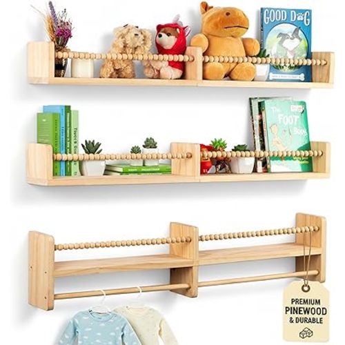 Floating Book Shelves for Nursery – Nursery Shelves for Wall with Hanging Rod – Set of 3 Wooden Wall-Mounted Shelves, Rounded Edges, Bookshelf for Kids Room Decor, 31.5" x 3.9" x 3.7