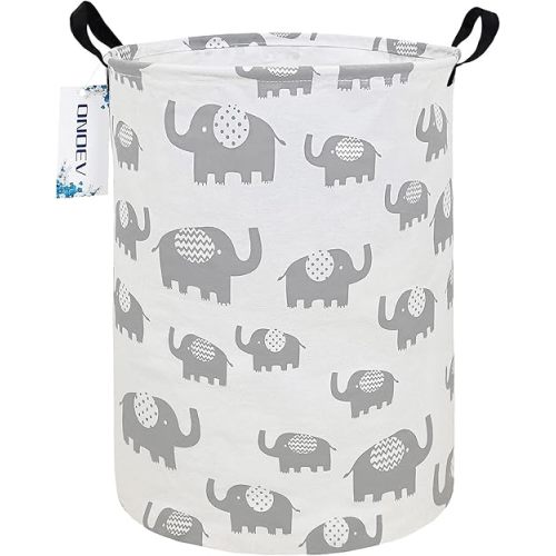 Round waterproof laundry basket、foldable storage basket、laundry Hampers with handle、gift basket,suitable for children's room and toy storage (Grey Elephant)