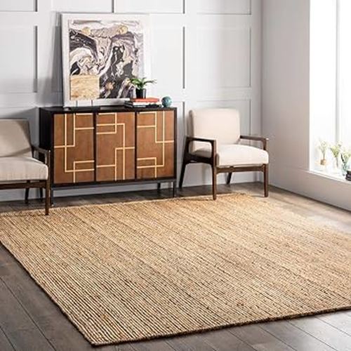 nuLOOM 8 Square Rigo Jute Hand Woven Area Rug, Natural, Solid Farmhouse Design, Natural Fiber, For Bedroom, Living Room, Dining Room, Hallway, Office, Kitchen, Entryway