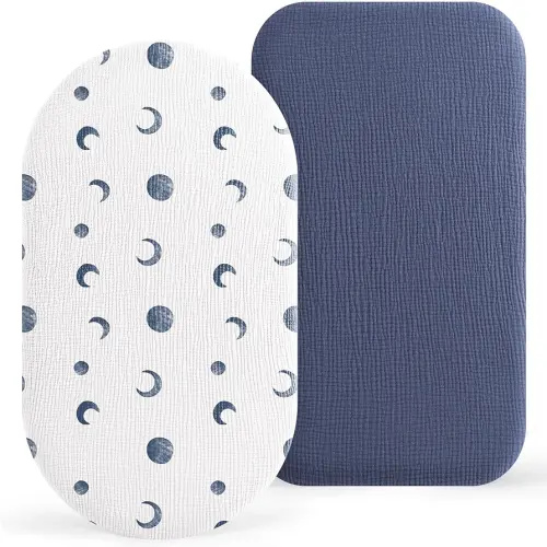 Bearmoss Bassinet Sheets - 2 Pack Muslin Cotton Bassinet Sheets Fits Oval and Rectangle Bassinet Mattress, Breathable and Skin-Friendly for Baby Boy and Girl (Blue Moon&Royal Blue)