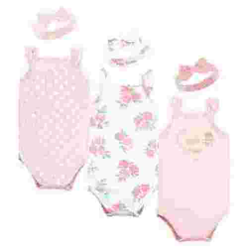 Hudson Baby Infant Girl Sleeveless Bodysuit and Headband Set, Soft Pink Roses, 6-9 Months