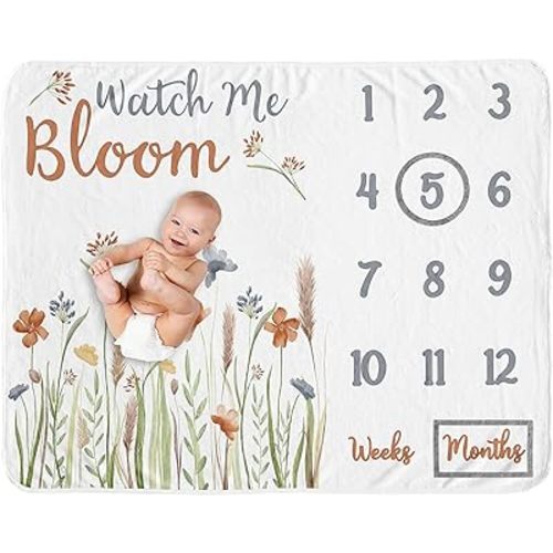 Sweet Jojo Designs Boho Floral Garden Flower Girl Baby Milestone Blanket – Newborn Monthly First Year Photo Growth Infant Memory Gift Set Sage Green Watercolor Bohemian Wildflower Vintage Shabby Chic
