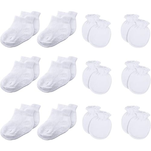 12 Pairs Newborn Baby Mittens and Socks Set Baby Mittens No Scratch Gloves with Non Slip Socks Baby Ankle Socks - White