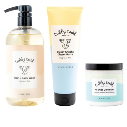 TUBBY TODD Baby Bundle Newborn Skin Care Set - Hypoallergenic Hair + Body Wash, All Over Ointment with Colloidal Oatmeal, Sweet Cheeks Diaper Paste - Fragrance Free, Standard Size