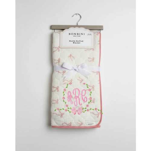 Precious Personalized Bonbini Pink Bow Muslin Quilted Baby Blanket