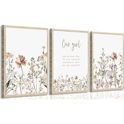 3 Pcs Wildflower Wall Art Poster print Girl Nursery Wall Decor Flower picture artwork Floral Botanical Painting for Baby Girl Nursery Office Inspirational Wall Decoration,Unframed16x24in