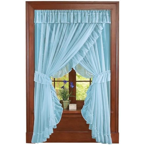 Collections Etc Isabella Ruffled Sheer Fabric Rod Pocket Window Curtain Set, Blue