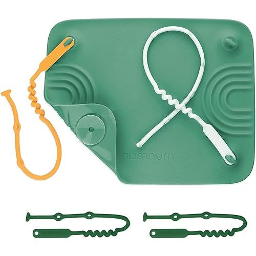 NumNum Silicone Placemat w/Pincer Grasp Grooves for Toddlers, Baby, & Kids - 4 Attachable Tethers & Built-in Suction Cups - Easy to Clean - Non-Slip for High Top & Dining Table w/Travel Bag - Green
