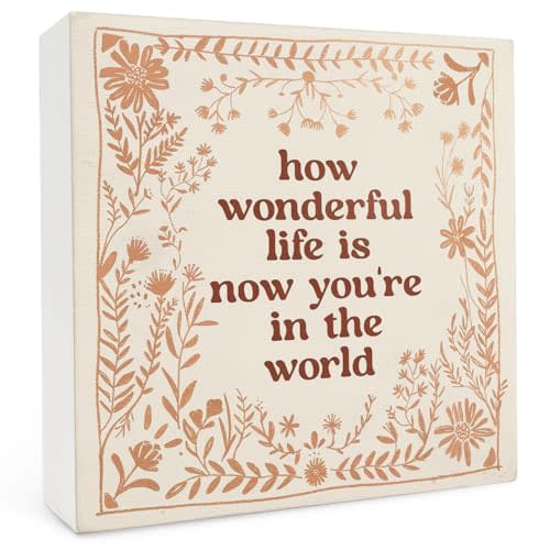 FHUGX How Wonderful Life Is Now You're In The World Wooden Box Sign 5x5 Inch,Boho Floral Sign For Nursery Kids Boy Girl Newborn Teen Bedroom Home Shelf Table Decor