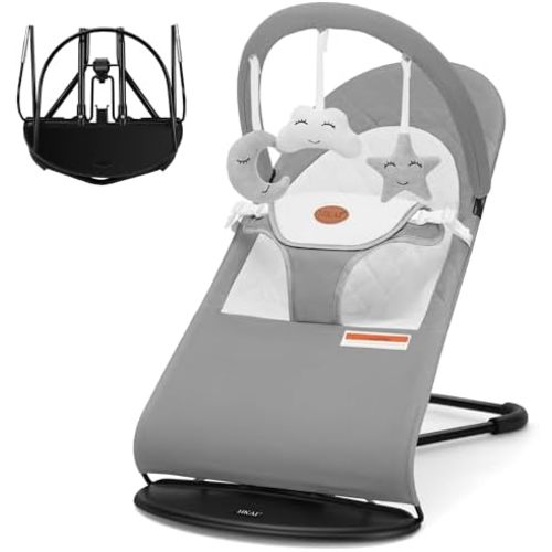 Baby Bouncer, Portable Baby Bouncer Seat for Babies 0-18 Months, 100% Cotton Fabrics, 3 Modes of use with Rocker and Stationary Options, Infant Rocker Chair with Hanging Toys-Light Grey