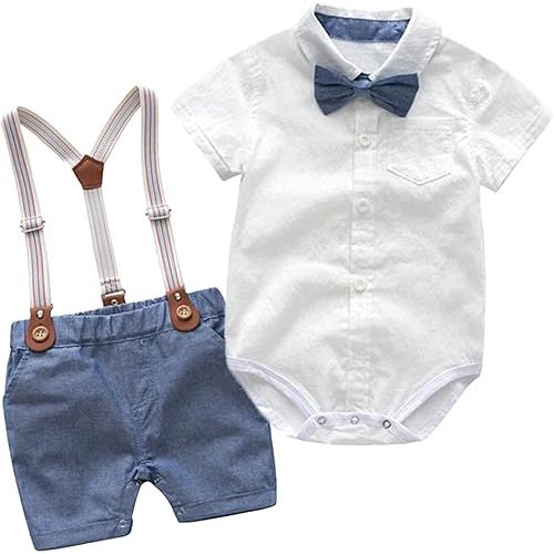 Volunboy Baby Boy Formal Short Set Toddler Summer Gentleman Outfit Kid Short Sleeve Bowtie Shirt Suspender Shorts Suit