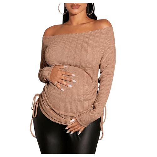 OYOANGLE Women's Maternity Textured Long Sleeve Off The Shoulder Tee Shirt Drawstring Side Long Tee Tops