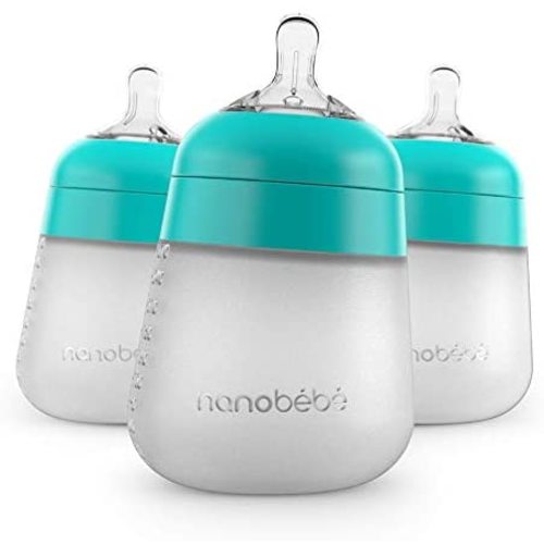 Nanobebe Flexy Silicone Baby Bottles, Anti-Colic, Natural Feel, Non-Collapsing Nipple, Non-Tip Stable Base, Easy to Clean - 3-Pack, Teal, 9 oz