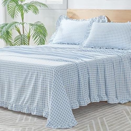 Gingham Twin Sheet Set, Lightweight Super Soft Brushed Microfiber Plaid Bed Sheets with 16" Deep Pocket, 3 Piece Ruffle Farmhouse Bedroom Decor, Light Blue