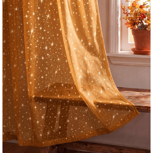 Horaldaily 2Pcs Orange Sheer Curtains for Window 52x84in, Gold Sequin Star