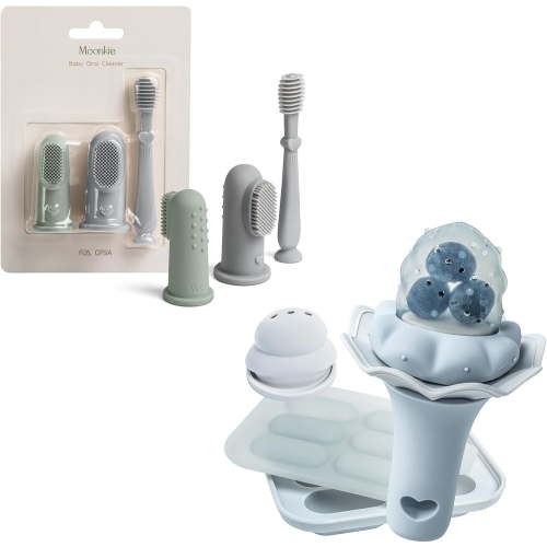 Ljia Baby Oral Care & Feeding Bundle | Silicone Finger Toothbrush & Tongue Cleaner Kit (3 Pcs) + Baby Fruit Feeder with Freezer Tray (2 Pack) | BPA-Free, Safe for Infants 3+ Months A416