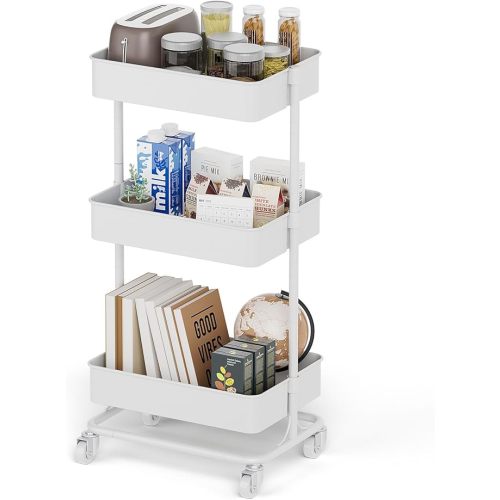3-Tier Metal Rolling Cart with Dual-Column Frame, Silent Wheels Adjustable Shelves – Minimalist Steel Storage Trolley for Kitchen, Office, Bathroom & Laundry – Easy to Assemble - White