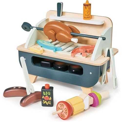 Tender Leaf Toys - Barbeque Play Set - 27 Piece Wooden Interactive Barbeque Grill Set with Pretend Play Food and Utensils for Boys and Girls - Great Role-Play Toy - Boost Fine Motor Skills - Age 3+