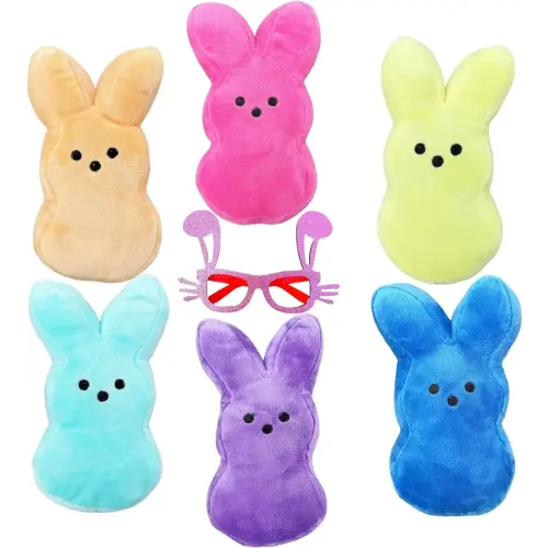 6-Inch Stuffed Animal Easter Bunny Plush Toys (6 Pcs) with Bonus Fun Cartoon Glasses – 7-Piece Set for Kids, Easter Basket Stuffers, and Party Decorations