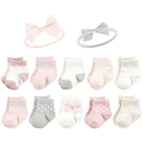 Hudson Baby Infant Girl Sock And Headband 12pc Set, Basic Pink Gray, 0-9 Months