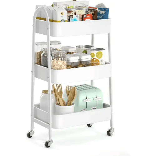 EAGMAK 3 Tier Utility Rolling Cart, Metal Storage Cart with Handle and Lockable Wheels, Multifunctional Storage Organizer Trolley with Mesh Baskets for Kitchen, Living Room, Office, Garage (White)